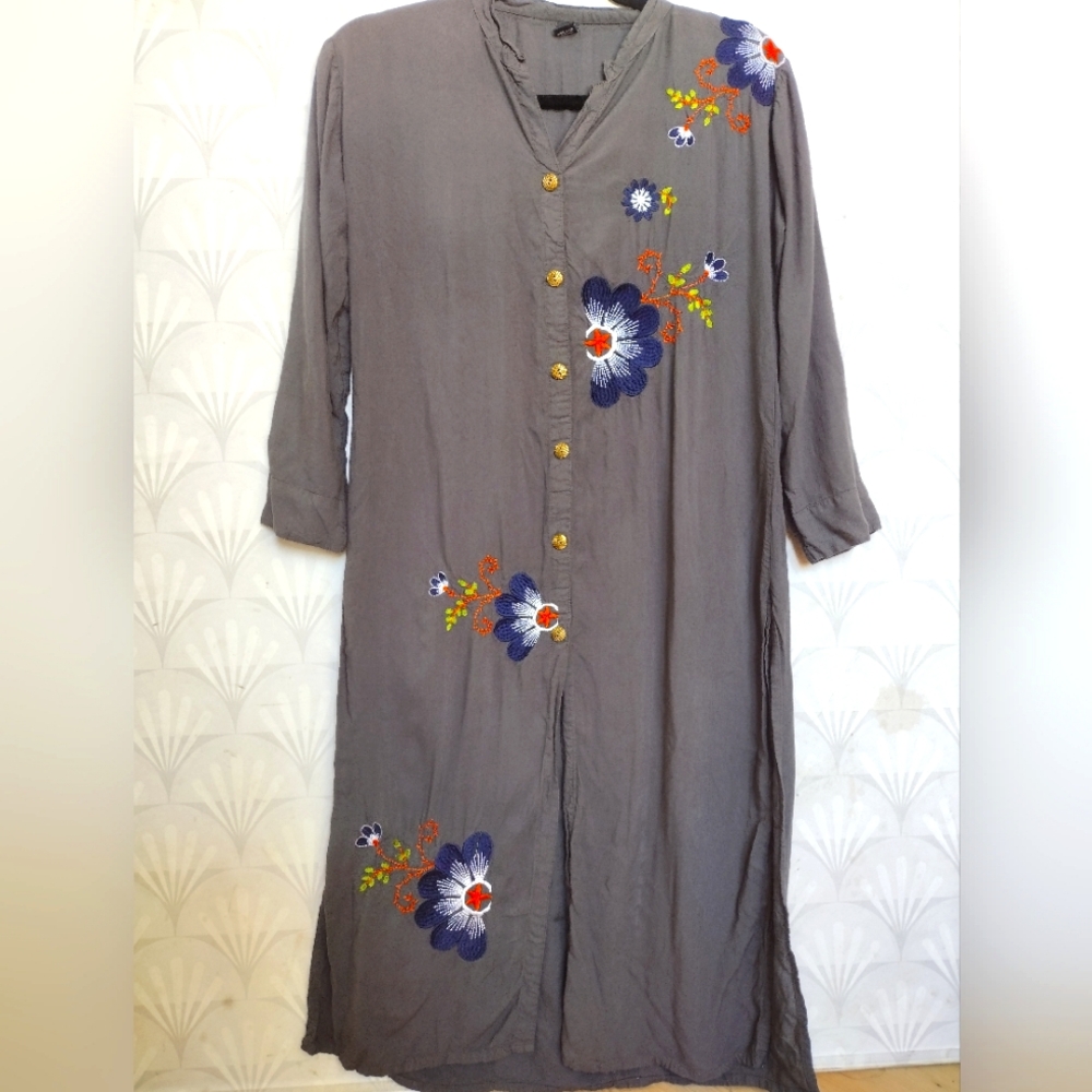 Embroidered Slate Gray Button-Front Women's Dress